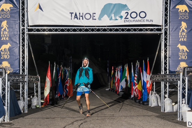 JAWS crossing the Tahoe 200 finish arch at night